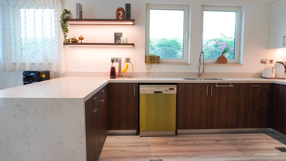 Walnut Kitchen with Geometric Backsplash